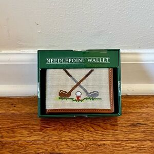 Eastwood Pines Needlepoint Wallet Golf Clubs Leather Trim Preppy